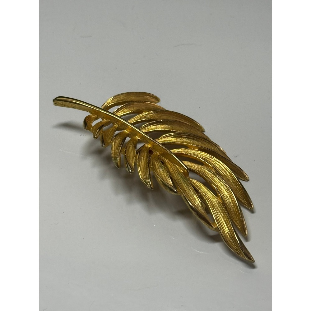 Vintage Gold Tone Palm Leaf Brooch Textured Botanical Fern‎ Statement Pin